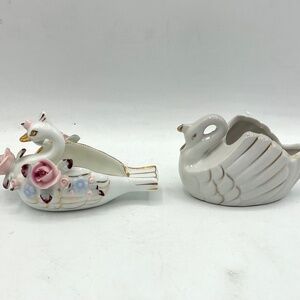 2 Swan Porcelain Figurines   3-3/4” & 3”  Japan